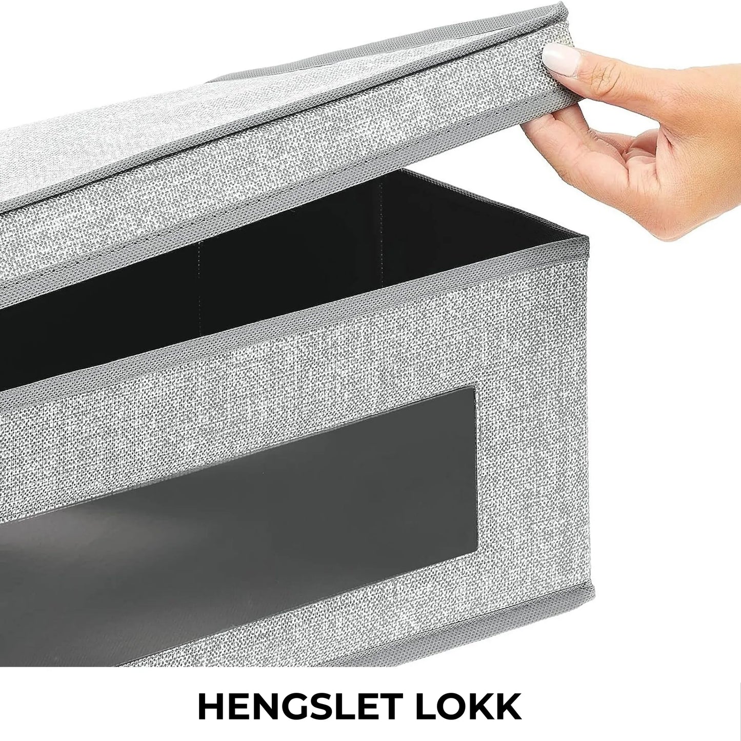 Grå oppbevaringsboks med vindu og lokk: 15x29x28 cm