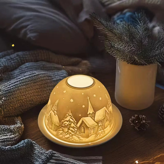 Nydelig telysholder med vinterlandsby