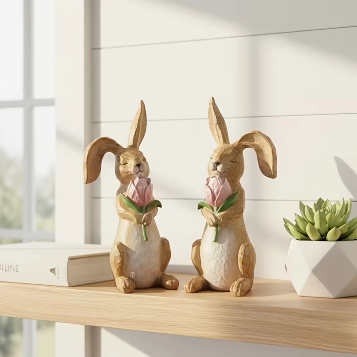 2 kaniner med rosa tulipaner