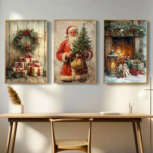 Vintage julemotiv på lerret - 3 stk