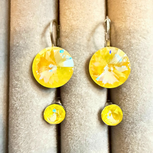 2 par sølv øredobber med yellow Swarovski krystaller
