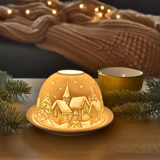 Nydelig telysholder med vinterlandsby