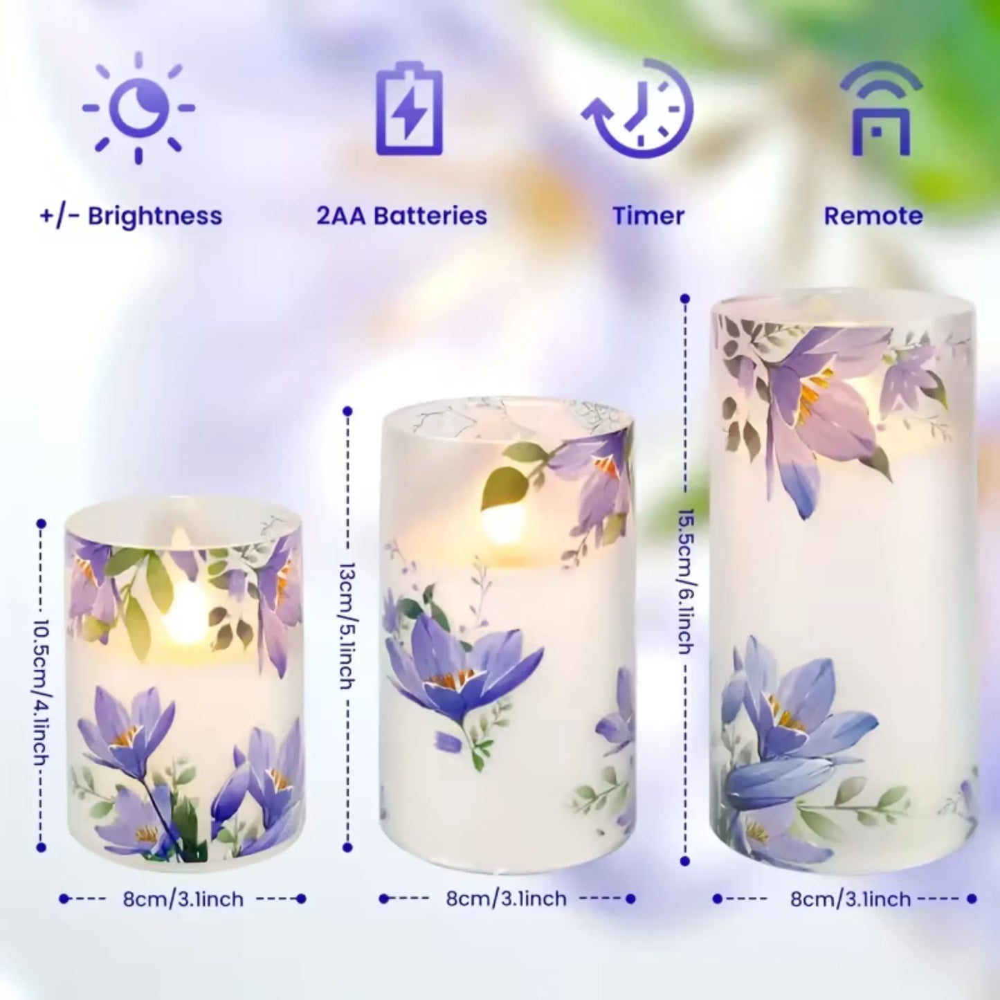 3-pakk LED-lys med lilla blomster