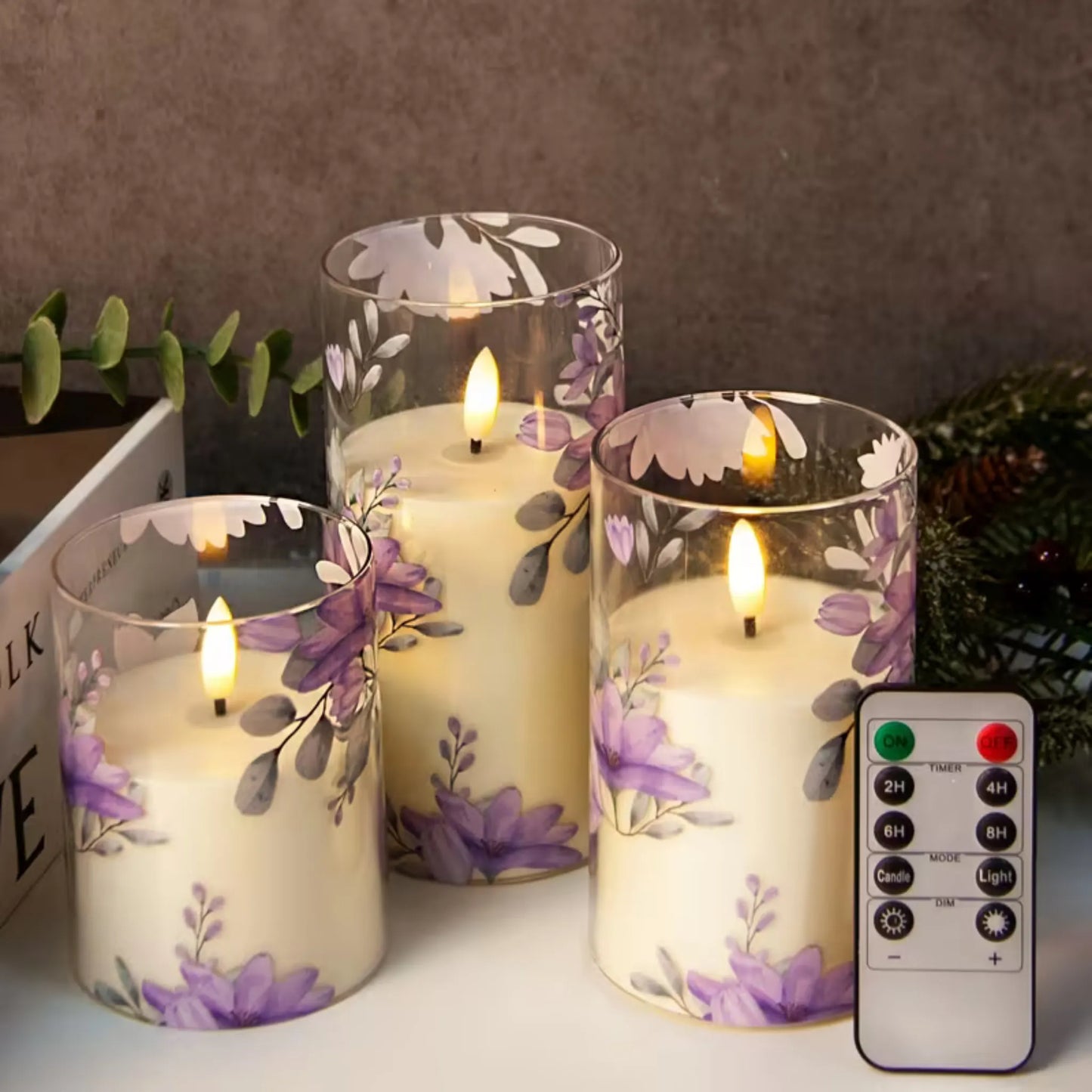 3-pakk LED-lys med lilla blomster