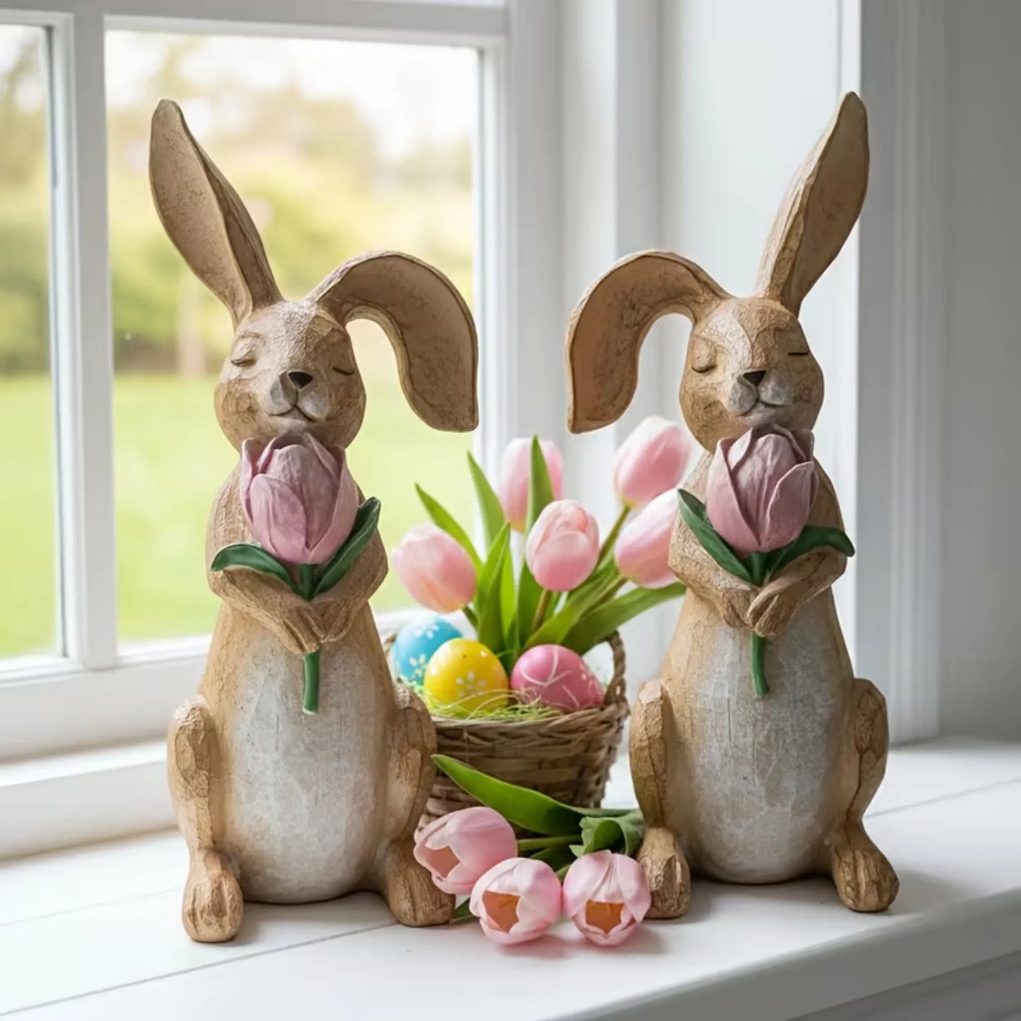 2 kaniner med rosa tulipaner