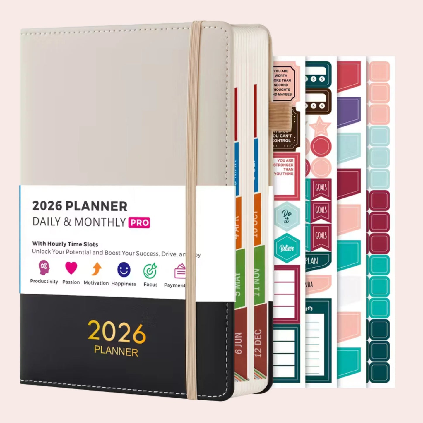 2026 Ukentlig og månedlig planlegger: Sort og beige