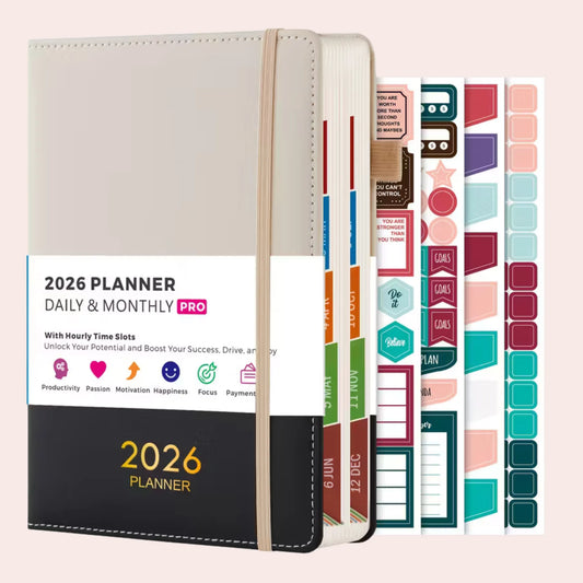 2026 Ukentlig og månedlig planlegger: Sort og beige