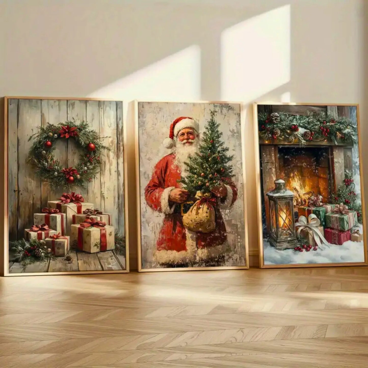 Vintage julemotiv på lerret - 3 stk