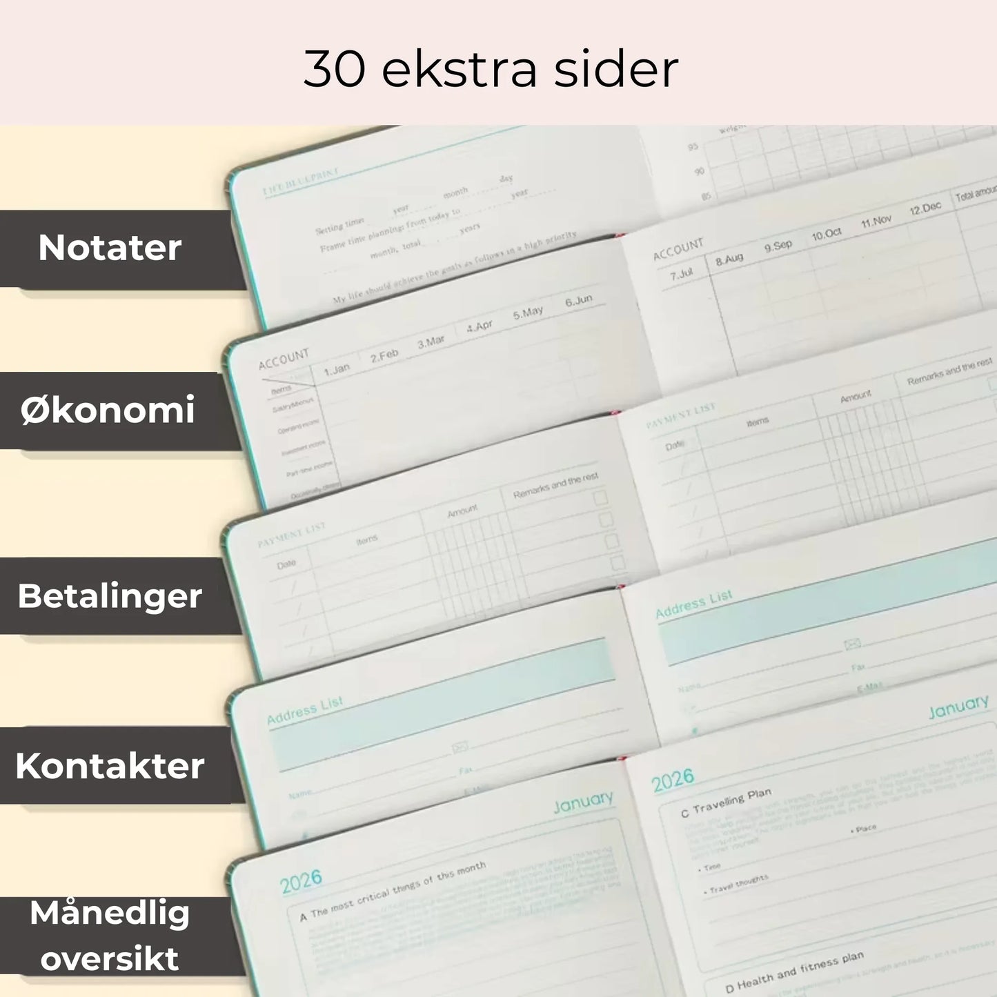 2026 Ukentlig og månedlig planlegger: Blå og lilla