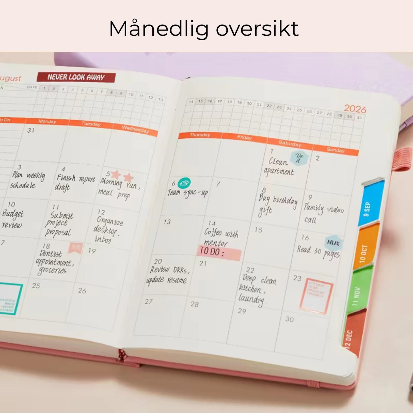 2026 Ukentlig og månedlig planlegger: Blå og lilla