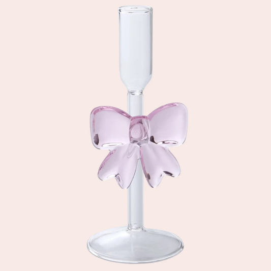 Glass lysestake for kronelys med rosa sløyfe🎀